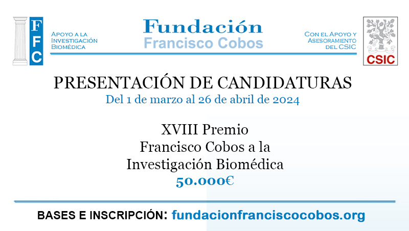 Abierto el plazo de presentación de candidaturas al XVIII Premio Francisco Cobos para la investigación biomédica